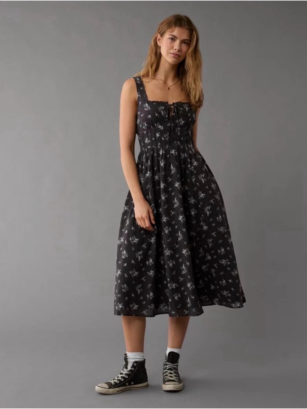 American Eagle Outfitters Navy Corset Floral Midi Dress